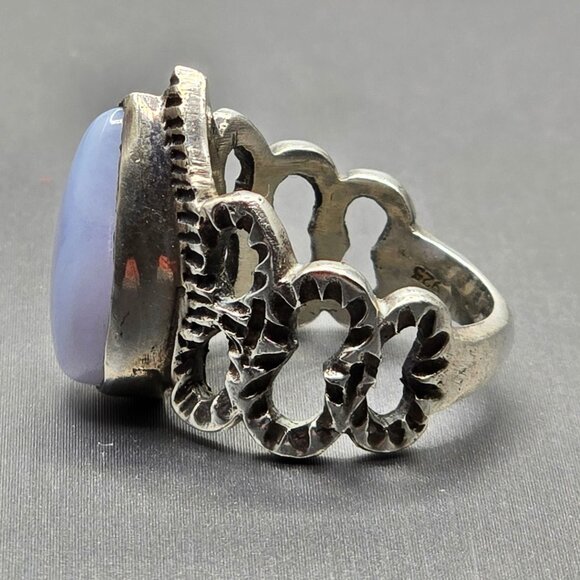 VTG Sterling Silver Teardrop Blue Lace Agate Ring Size 6.5 Cut-Out Link Band - Picture 2 of 11